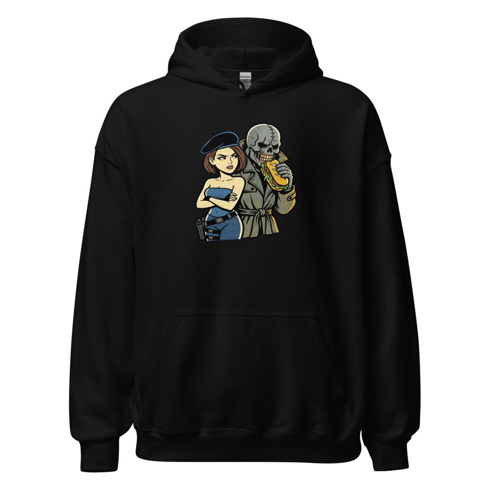 Parisian Beret Survival Horror Sandwich Parody Tee — black front view
