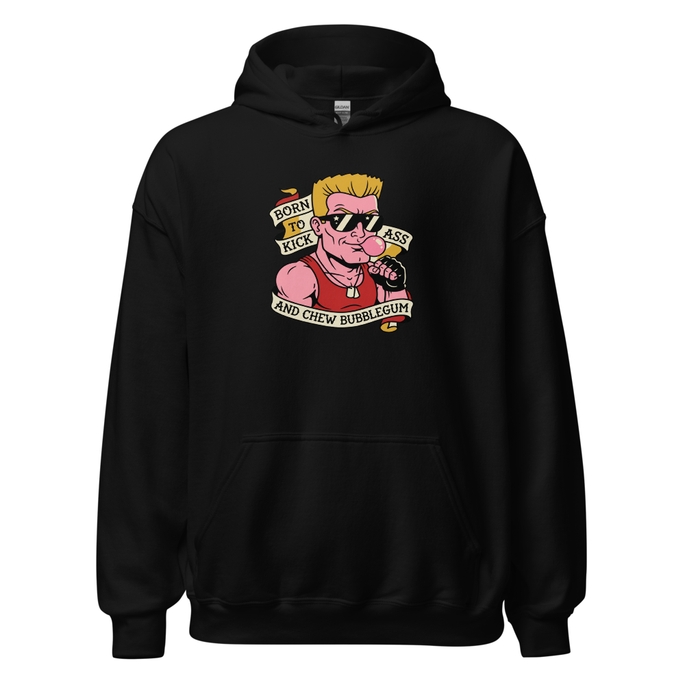 Bubblegum Action Hero Traditional Tattoo Flash Tee — black front view