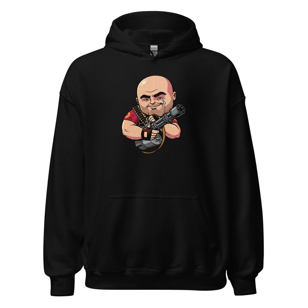 Big Russian Gunner Minigun Hug Pop Art Tee — black front view