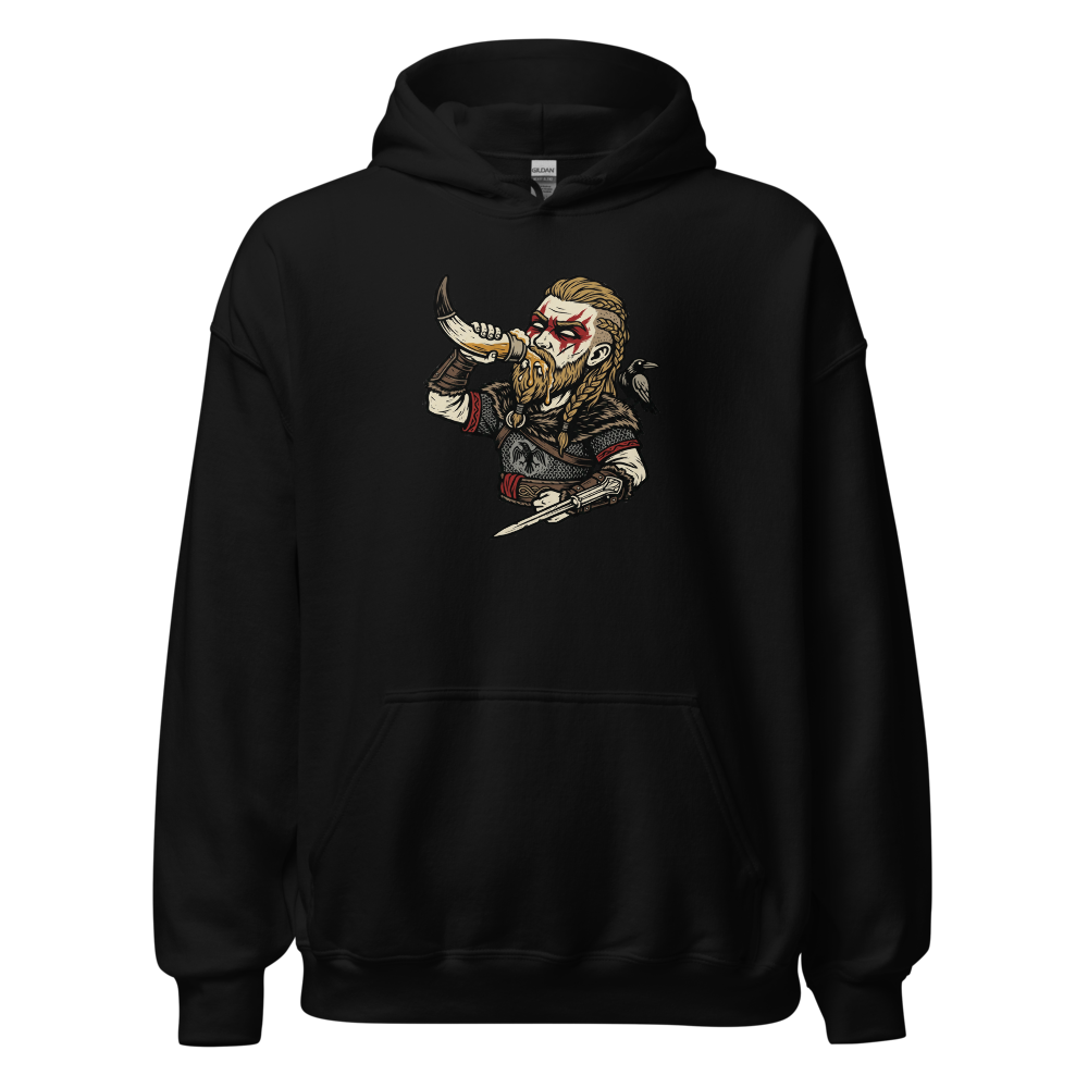 Viking Raider Mead Horn Hidden Blade Woodcut Tee — black front view