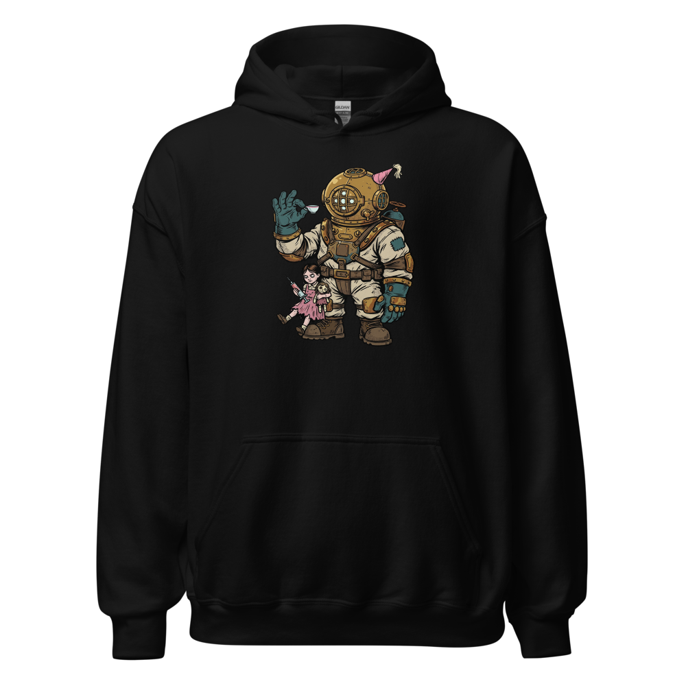 Deep Sea Diver Tea Party Comic Ink Graphic Tee — black front view