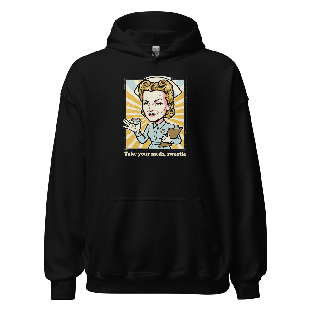 Take Your Meds Sweetie Propaganda Nurse Tee — black front view
