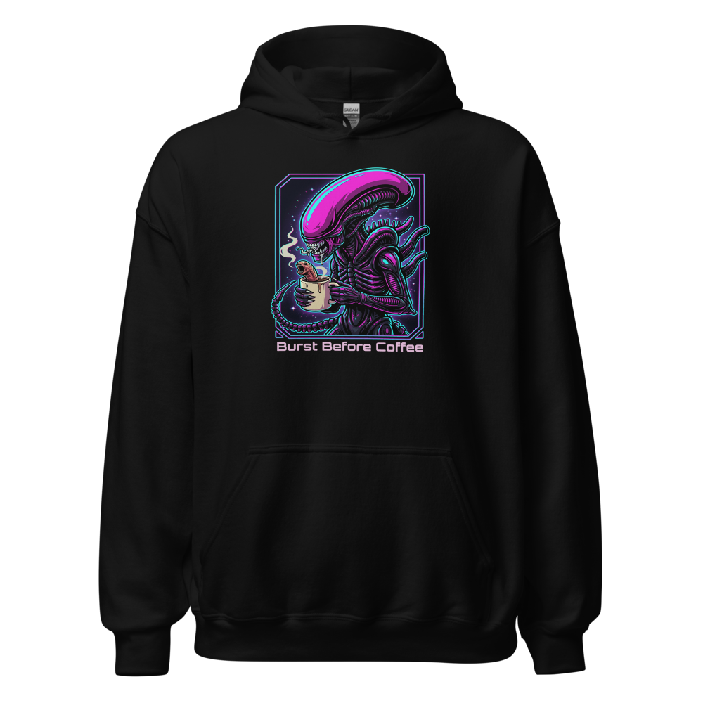 Burst Before Coffee Cyberpunk Alien Horror Tee — black front view