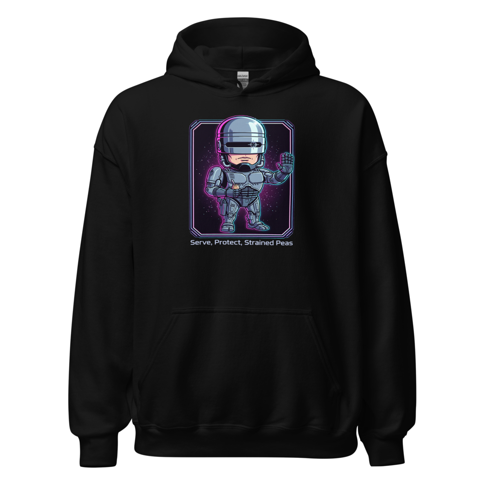 Cyborg Cop Strained Peas Cyberpunk Parody Tee — black front view