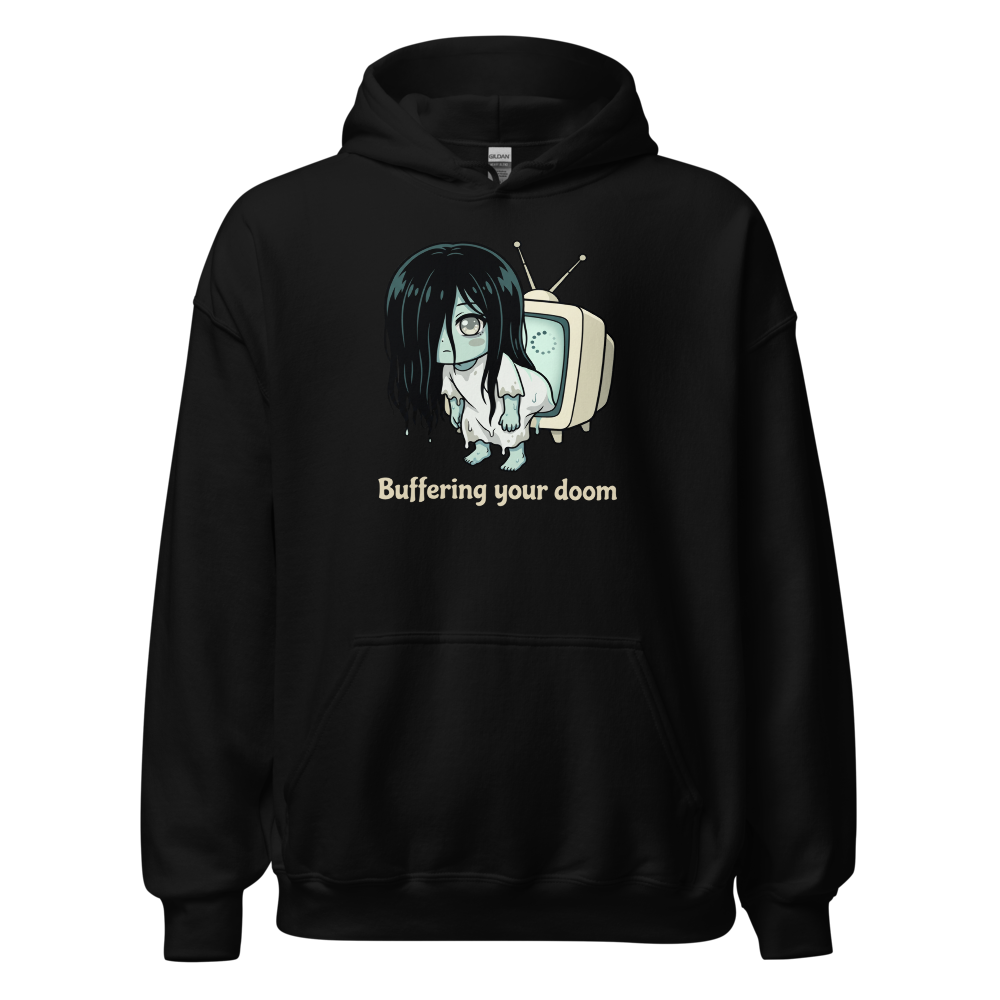 Buffering Your Doom Chibi Kawaii Horror Ghost Tee — black front view