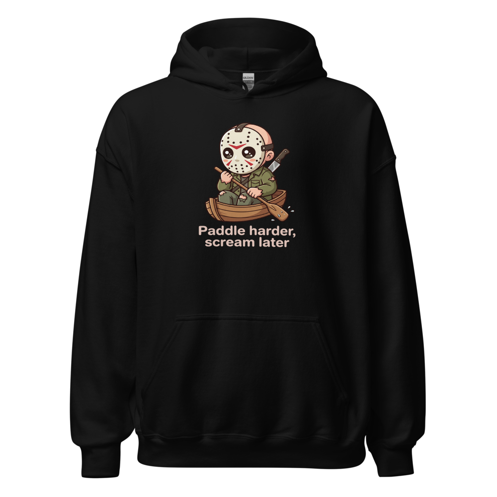 Chibi Slasher Camp Canoe Horror Parody Tee — black front view
