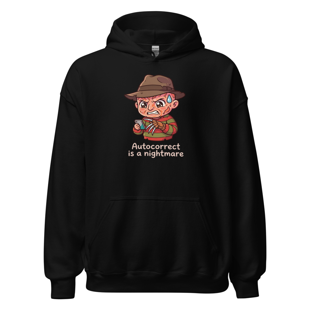 Chibi Slasher Autocorrect Nightmare Horror Parody Tee — black front view
