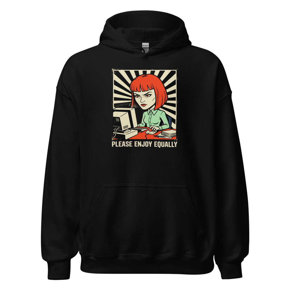 Please Enjoy Equally Office Drone Propaganda Tee — black front view