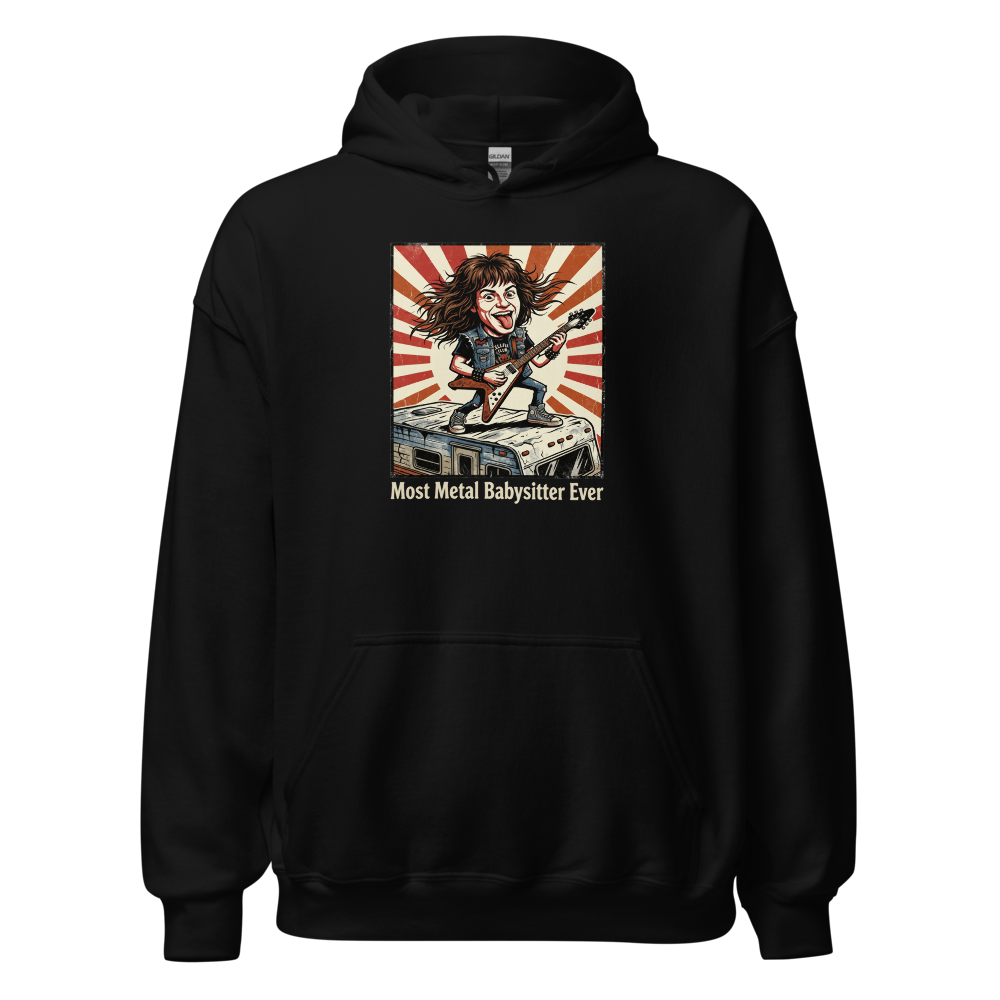 Most Metal Babysitter Ever Flying V Shredder Tee — black front view