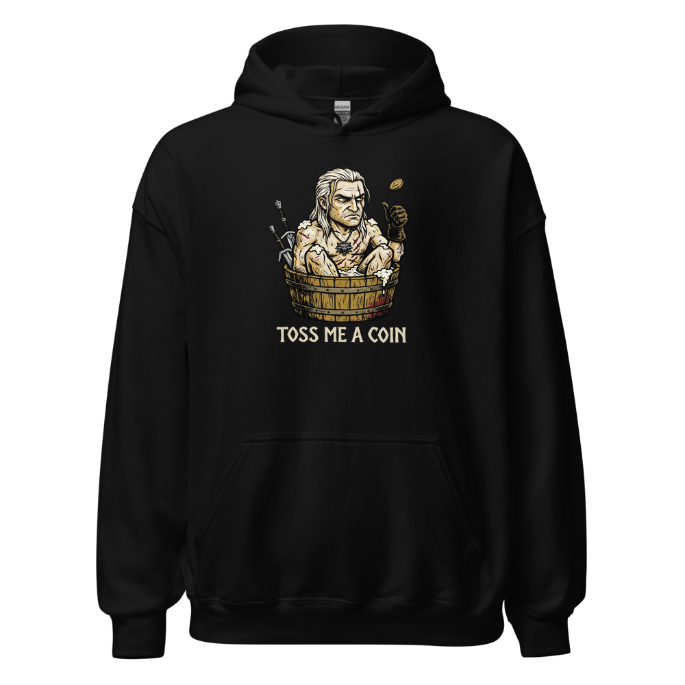 Grumpy Monster Hunter Bathtub Coin Toss Woodcut Tee — black front view