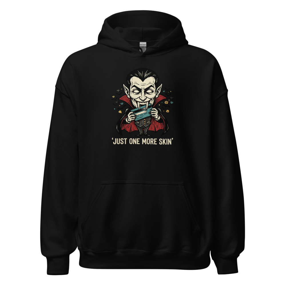 Microtransaction Vampire Woodcut Gaming Meme Tee — black front view