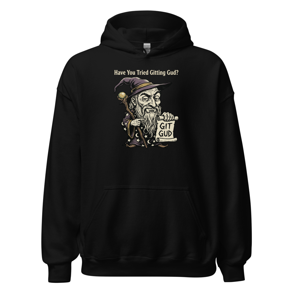 Git Gud Wizard Mentor Woodcut Gamer Meme Tee — black front view
