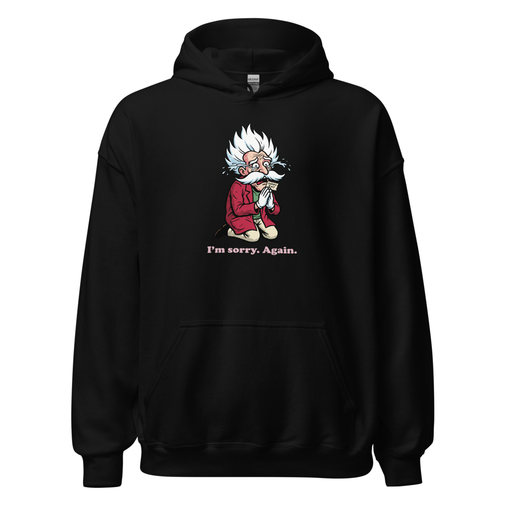 Mad Scientist Sorry Again Retro Boss Parody Tee — black front view