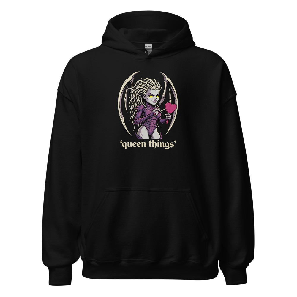 Queen Things Bone-Blade Vanity Boss Comic Ink Tee — black front view