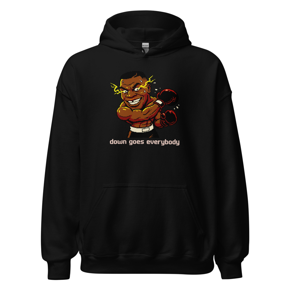 16-Bit Pixel Boxer Down Goes Everybody Retro Tee — black front view