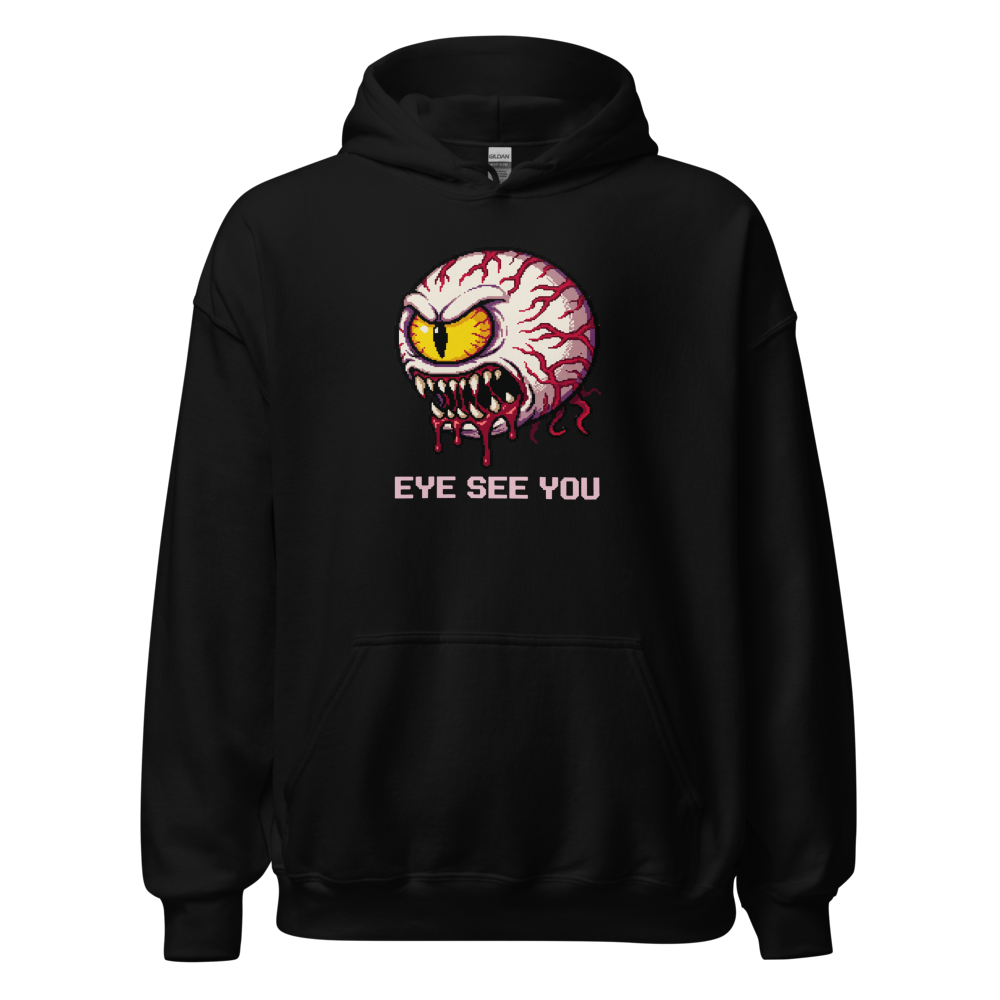 Eye See You Retro Pixel Boss Eyeball Gamer Tee — black front view