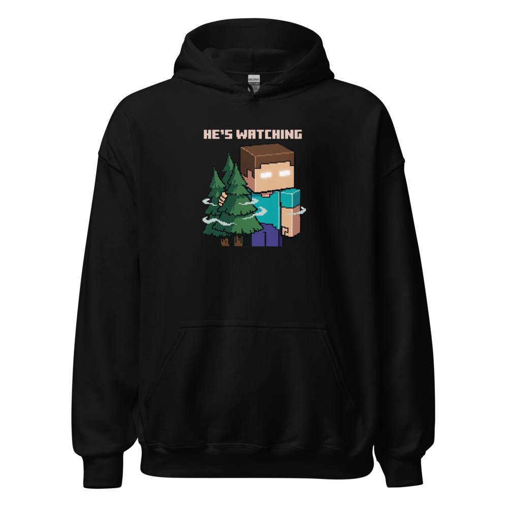 He's Watching Pixel Lurker Retro Sandbox Tee — black front view