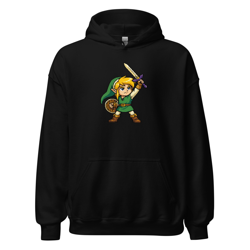 16-Bit Pixel Hero Sword Raise Retro Gamer Tee — Hoodie — black front view