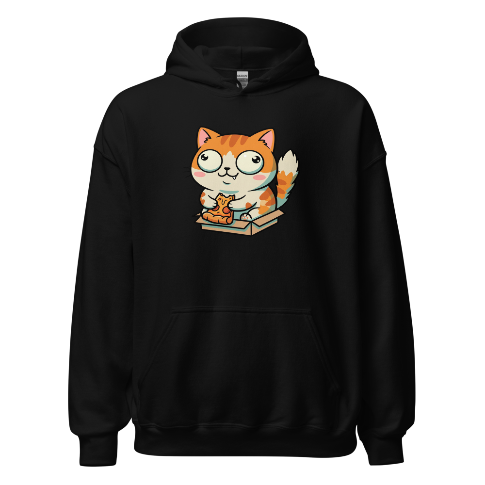 Chibi Pizza Cat Cardboard Box Zoomies Kawaii Tee — Hoodie — black front view