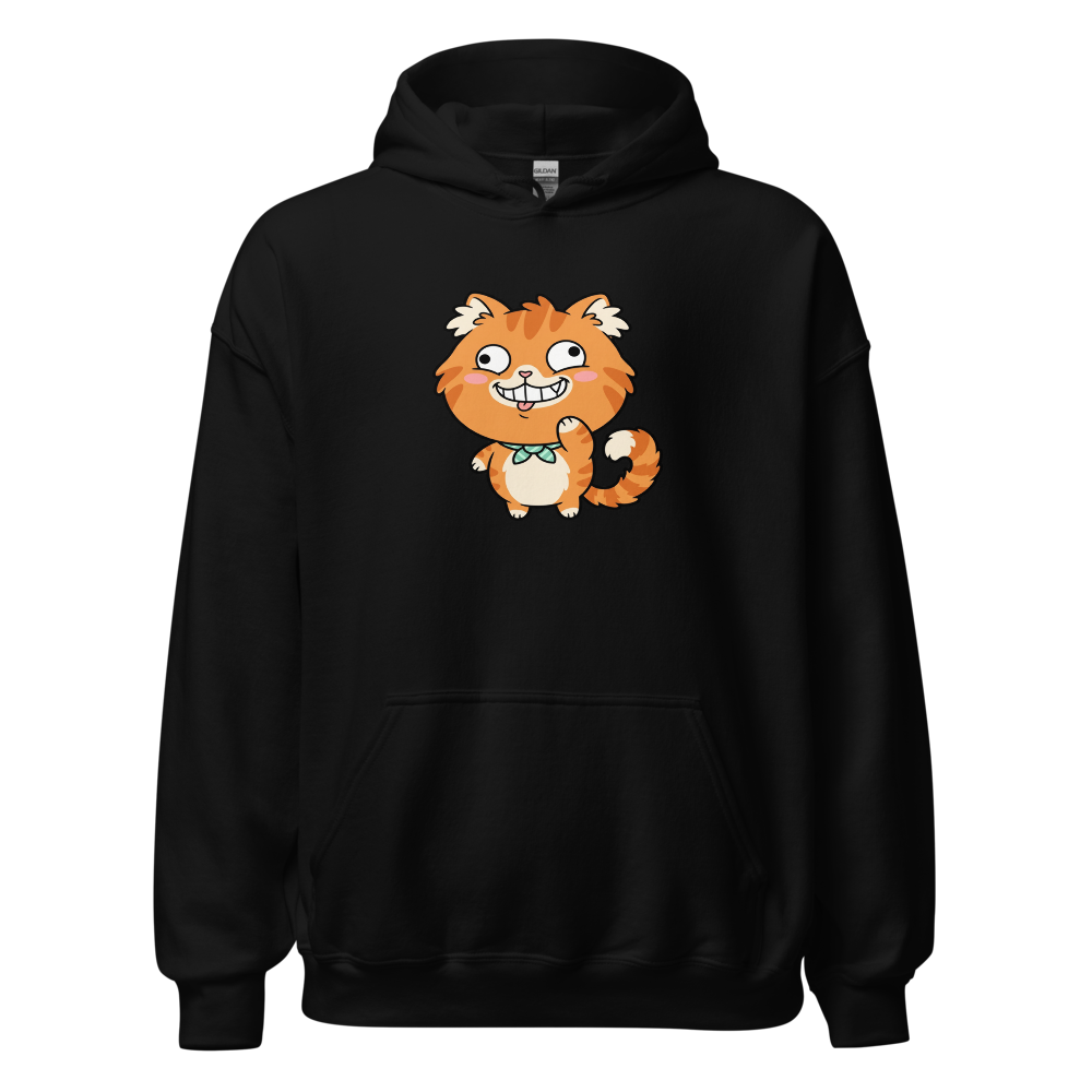 Derpy Orange Tabby Chibi Meme Cat Tee — Hoodie — black front view