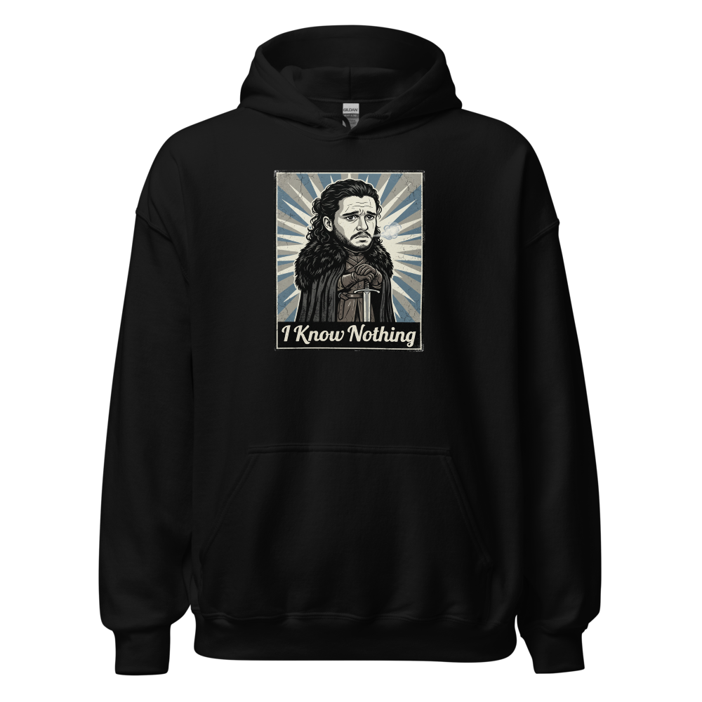 I Know Nothing Brooding Northern Hero Propaganda Tee — Hoodie — black front view