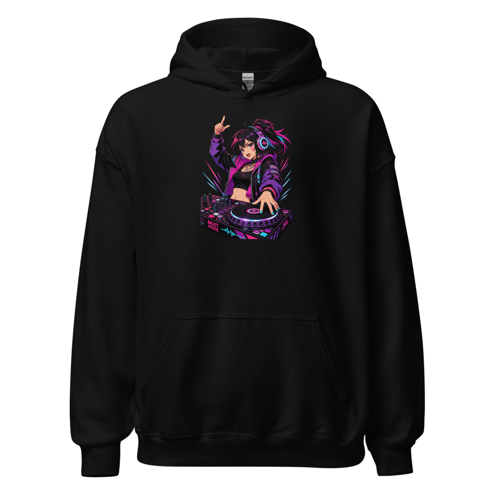Anime Turntable Girl Synthwave Neon Drop Tee — black front view