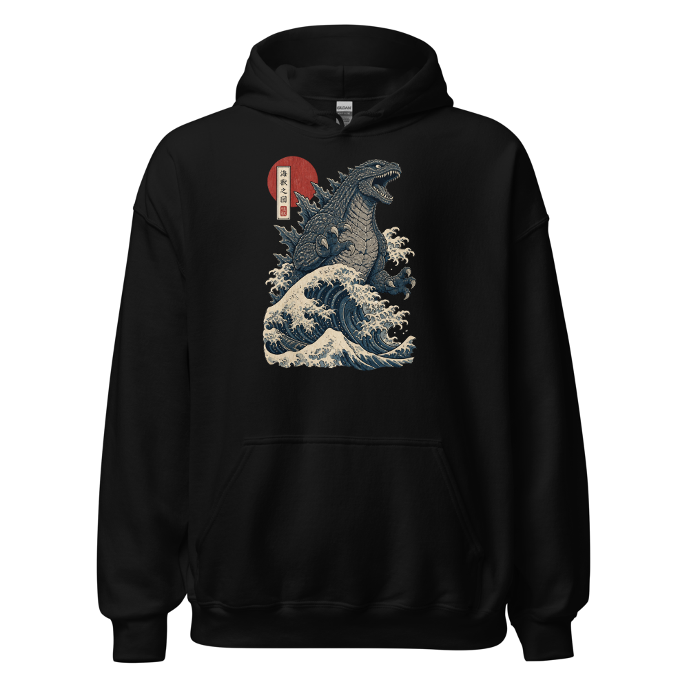 Sea Monster Great Wave Woodblock Print Tee — black front view