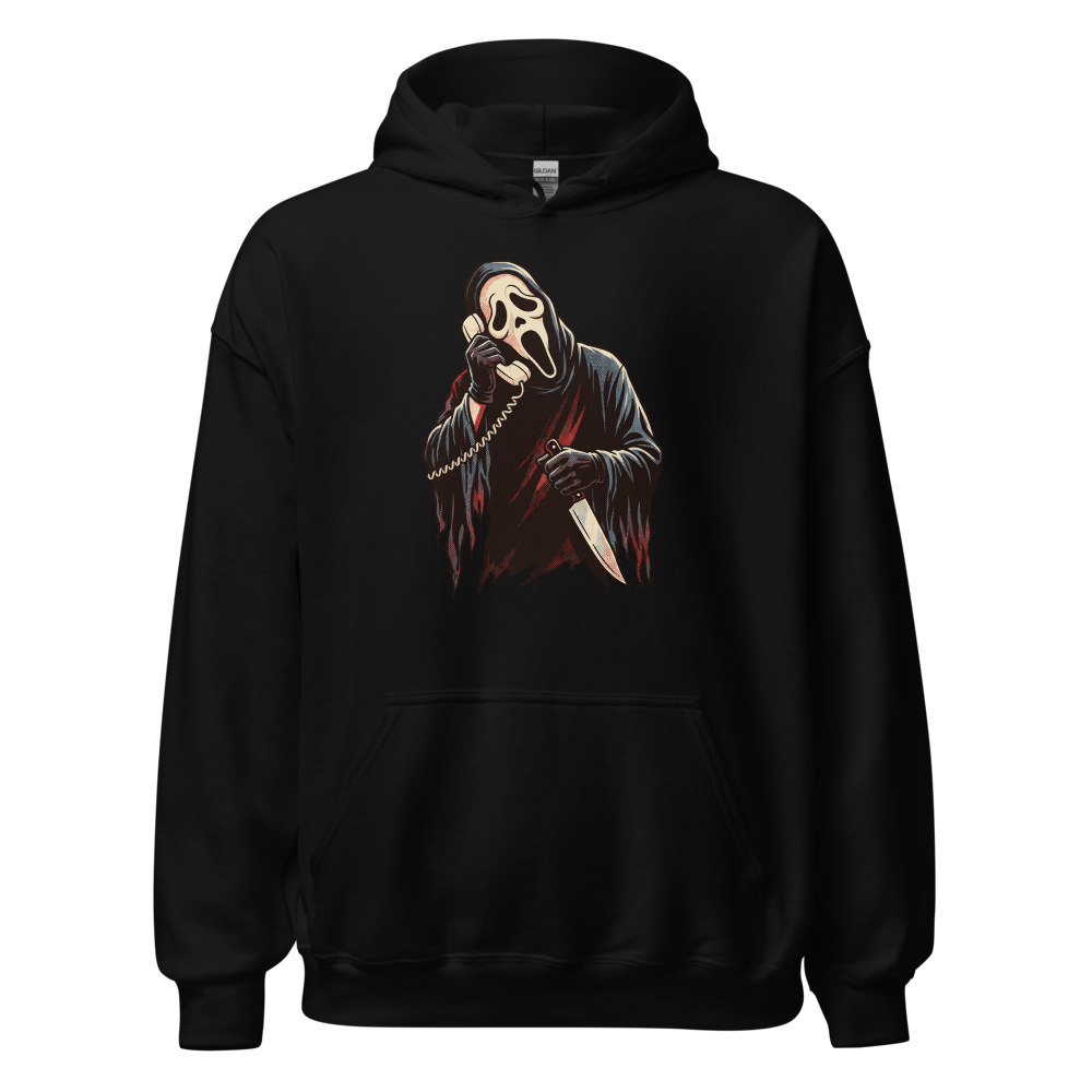 Masked Phone Caller On Hold Halftone Horror Tee — black front view