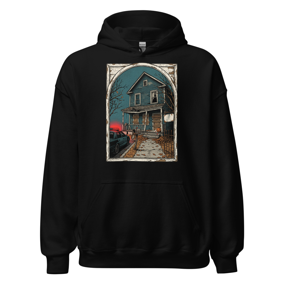 Haunted House Halloween Night Screen Print Horror Tee — Hoodie — black front view