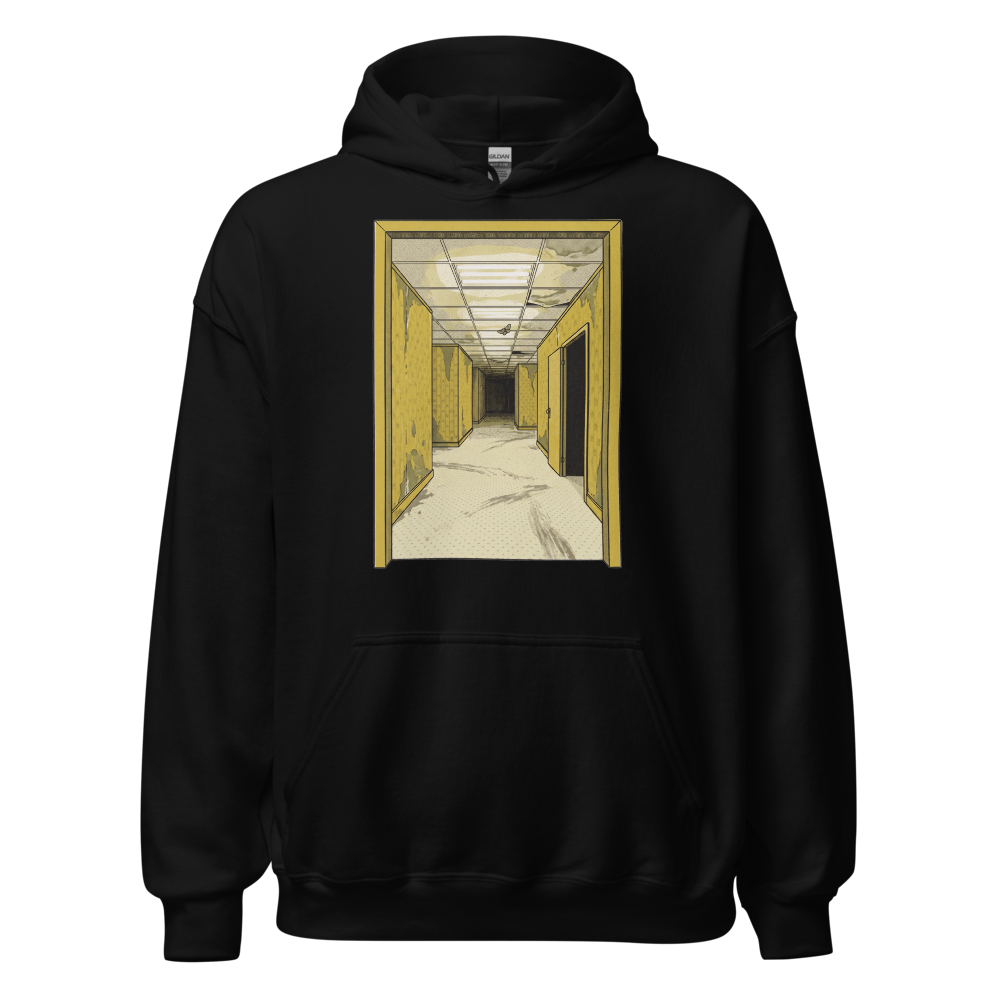 Yellow Liminal Hallway Endless Corridor Riso Tee — Hoodie — black front view