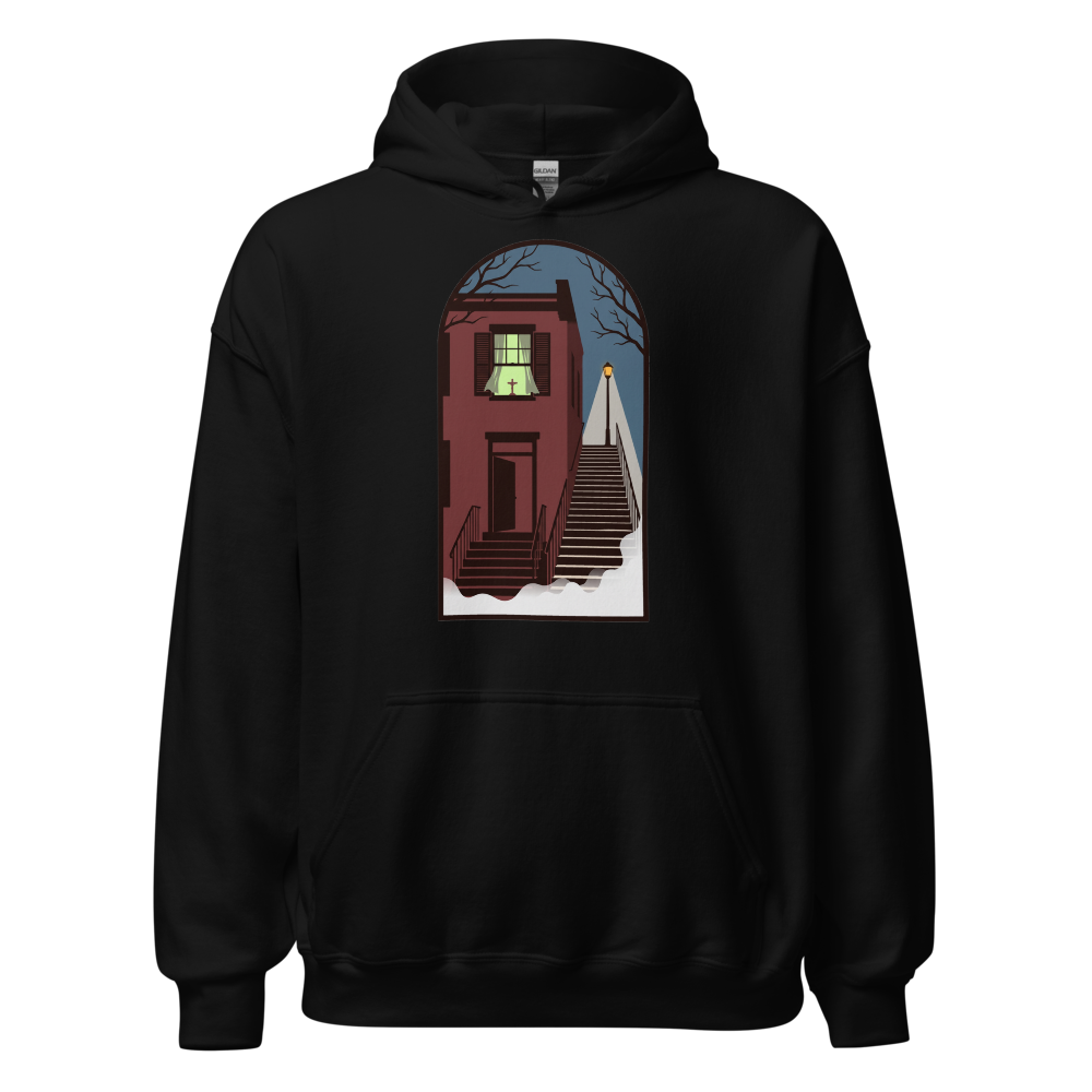 Haunted Row House Stone Stairs Horror Night Tee — Hoodie — black front view