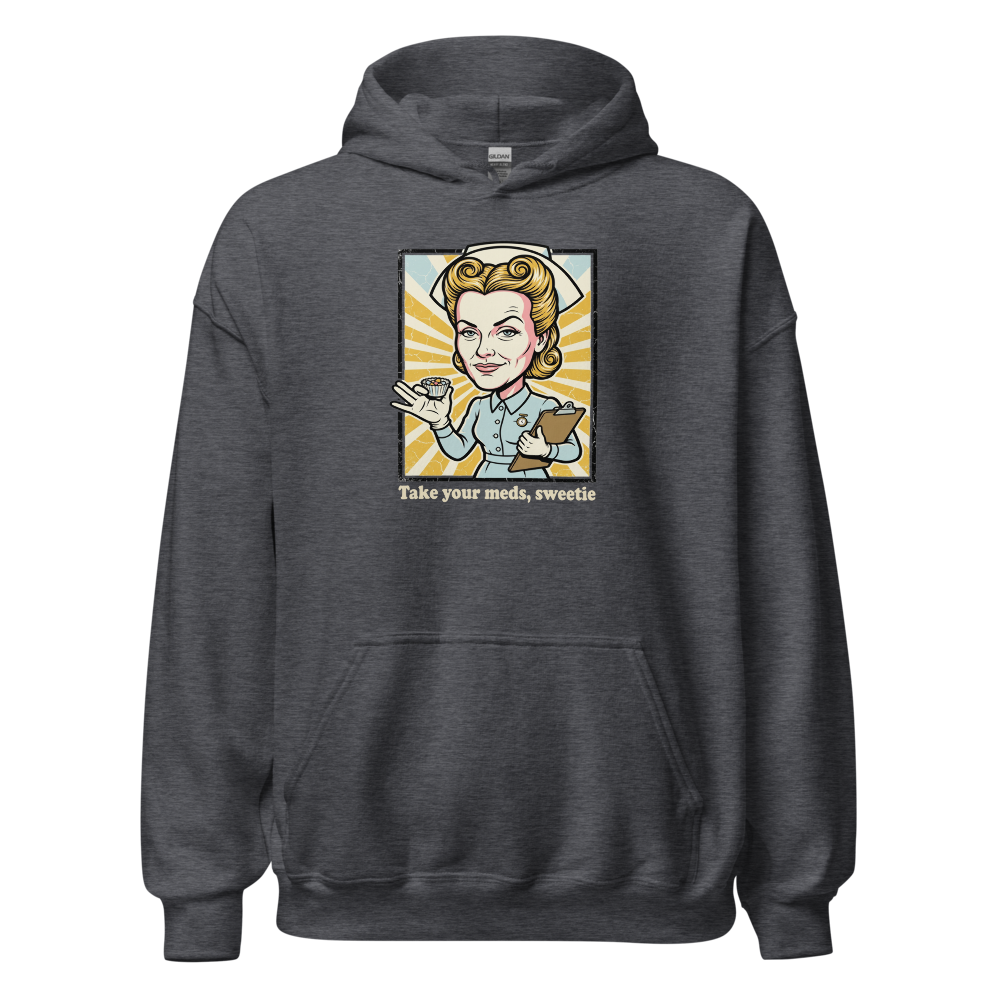 Take Your Meds Sweetie Propaganda Nurse Tee — dark heather front view