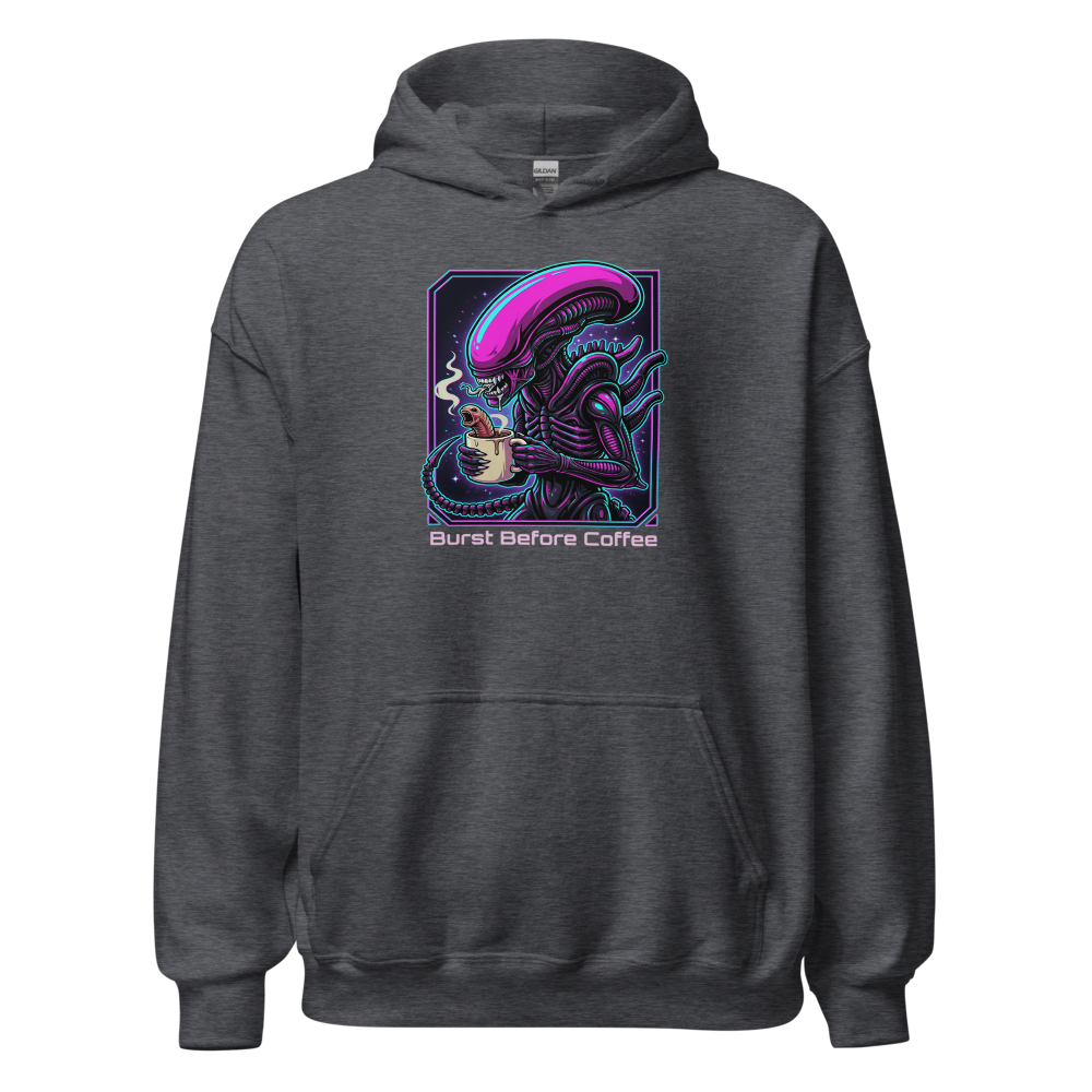 Burst Before Coffee Cyberpunk Alien Horror Tee — dark heather front view
