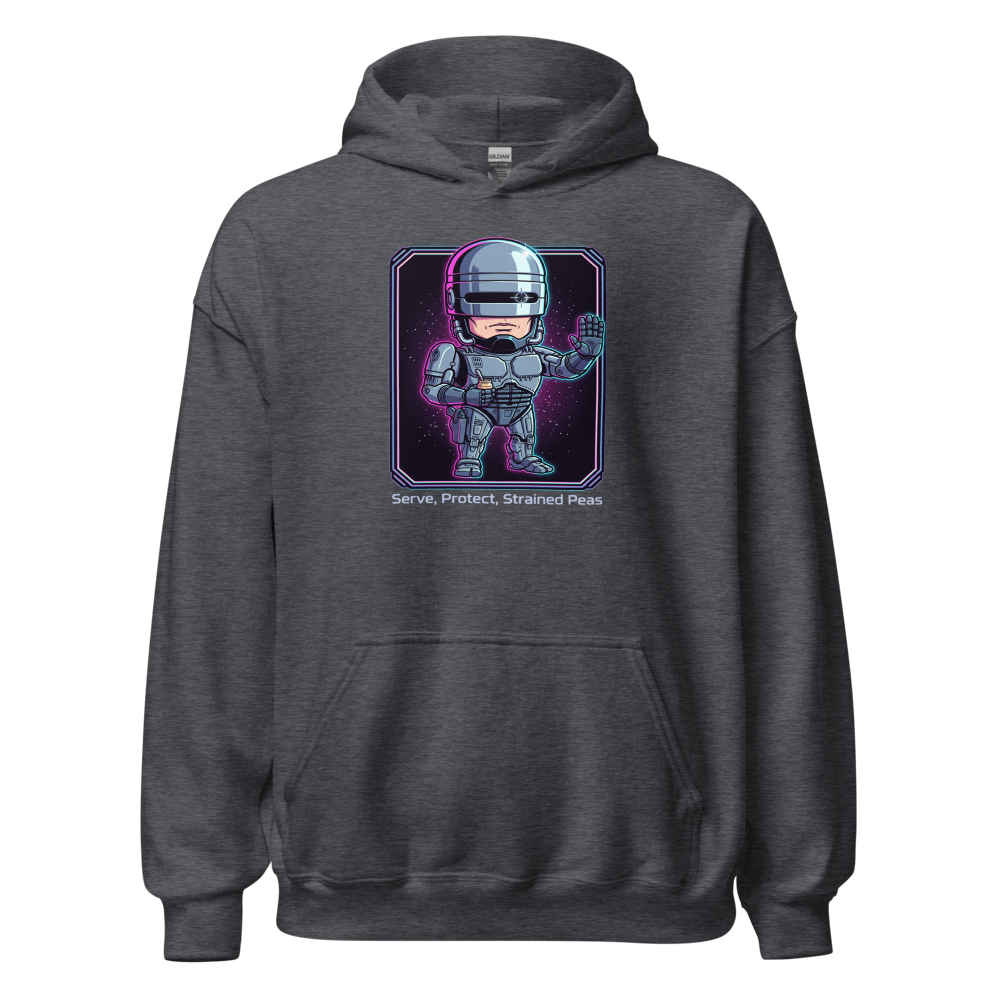 Cyborg Cop Strained Peas Cyberpunk Parody Tee — dark heather front view