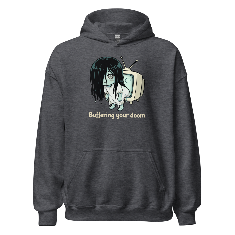 Buffering Your Doom Chibi Kawaii Horror Ghost Tee — dark heather front view