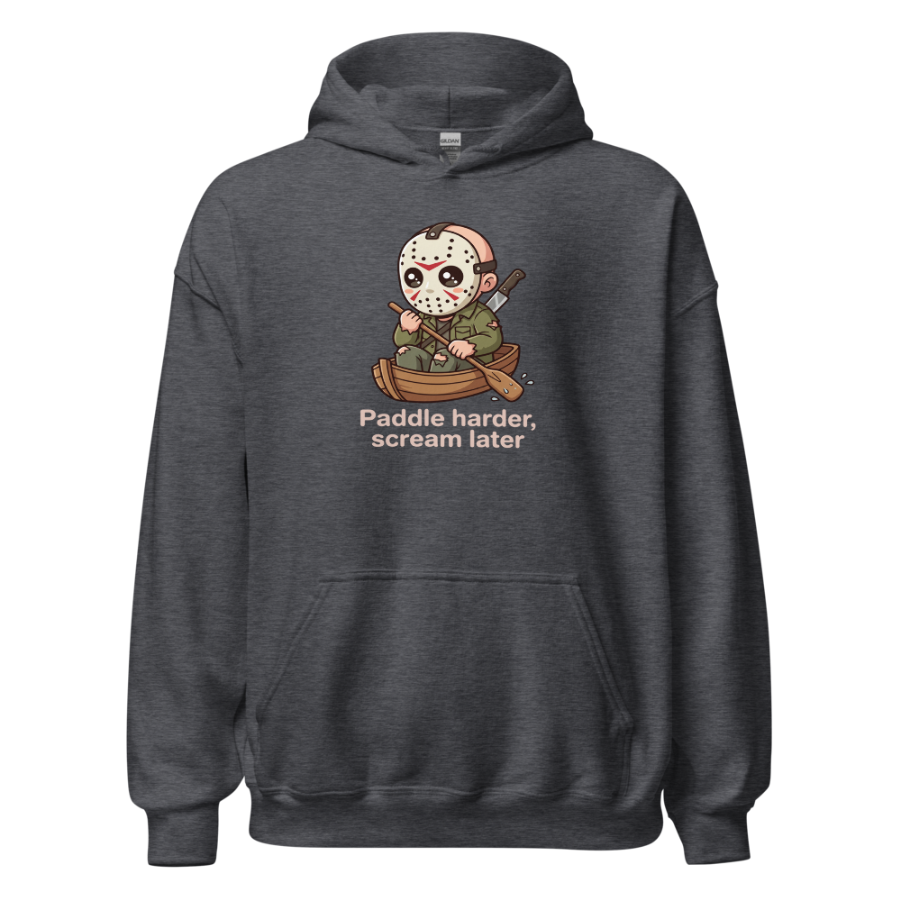 Chibi Slasher Camp Canoe Horror Parody Tee — dark heather front view