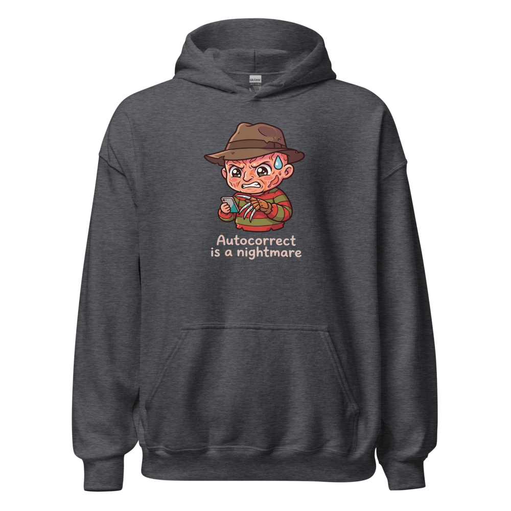 Chibi Slasher Autocorrect Nightmare Horror Parody Tee — dark heather front view