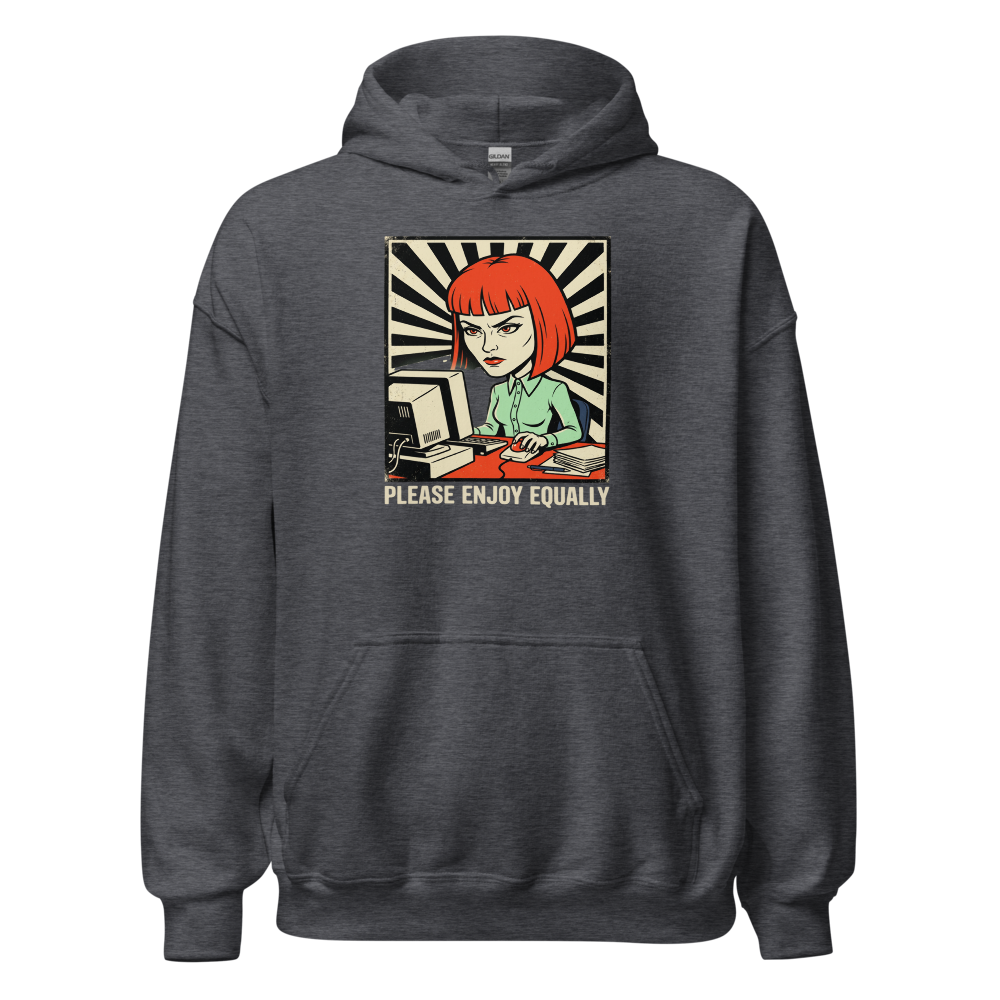 Please Enjoy Equally Office Drone Propaganda Tee — dark heather front view