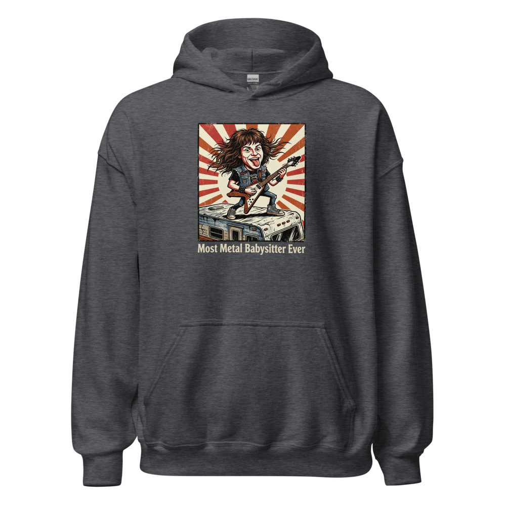 Most Metal Babysitter Ever Flying V Shredder Tee — dark heather front view