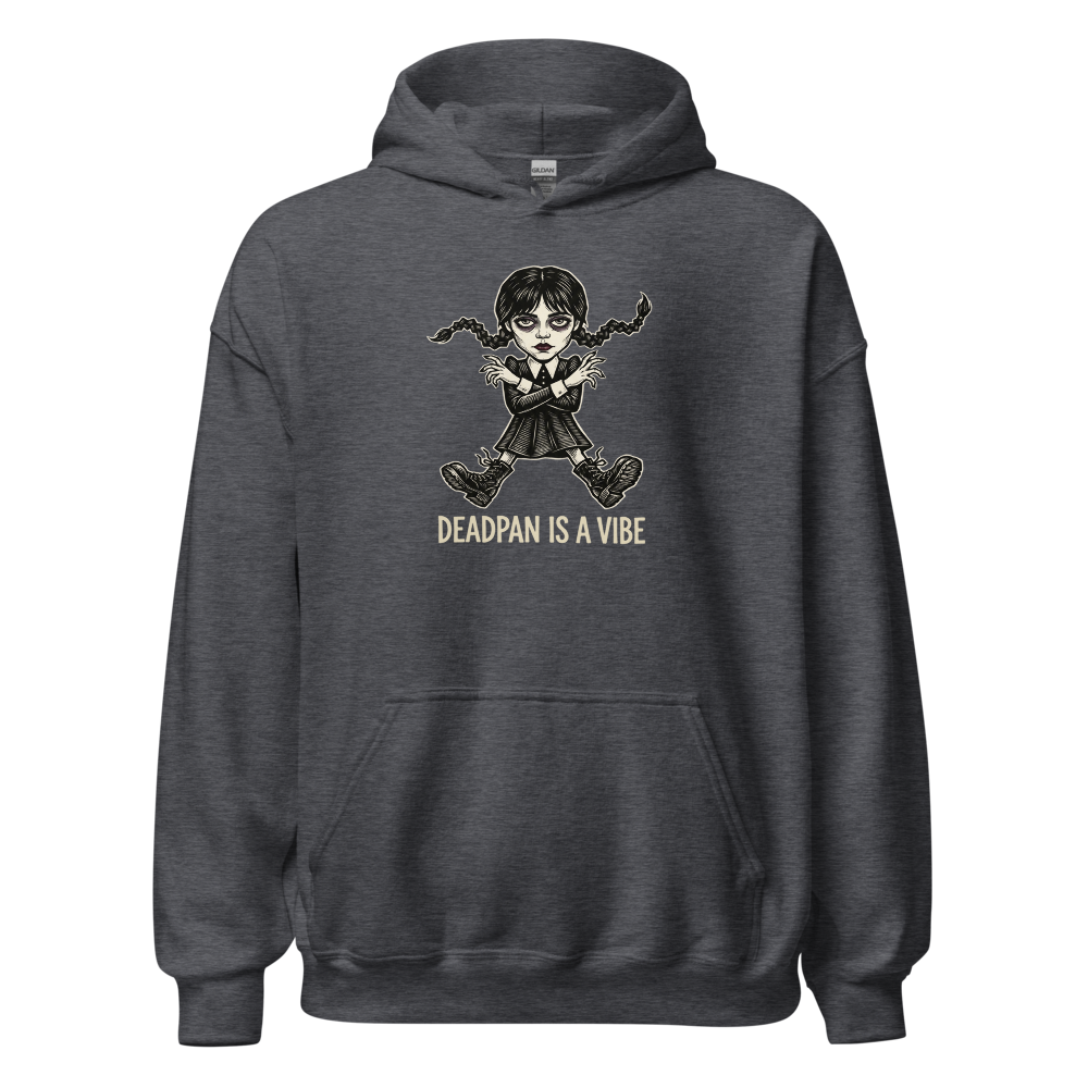 Deadpan Goth Dance Puppet Blackwork Linocut Tee — dark heather front view