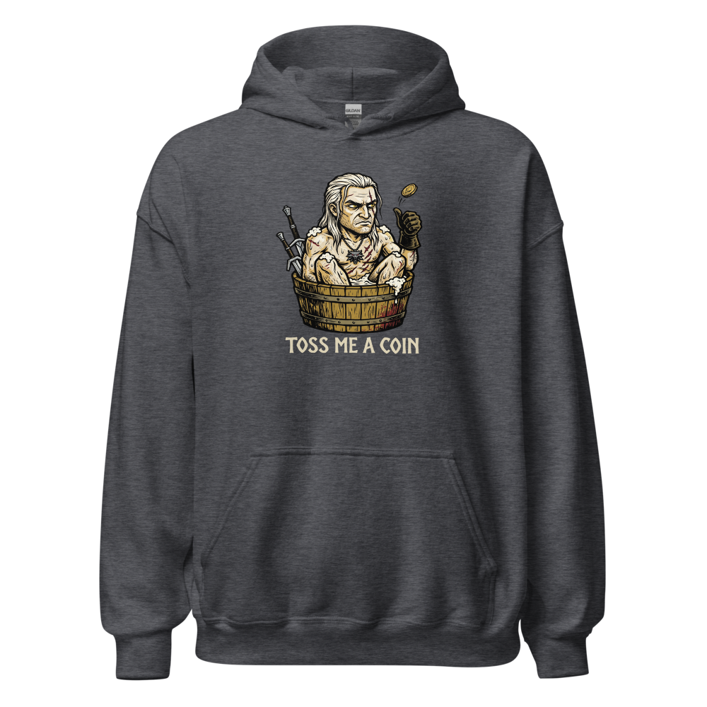 Grumpy Monster Hunter Bathtub Coin Toss Woodcut Tee — dark heather front view