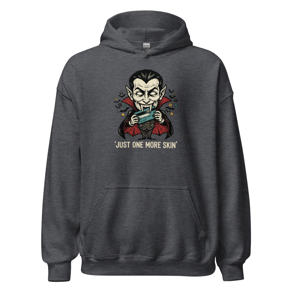 Microtransaction Vampire Woodcut Gaming Meme Tee — dark heather front view