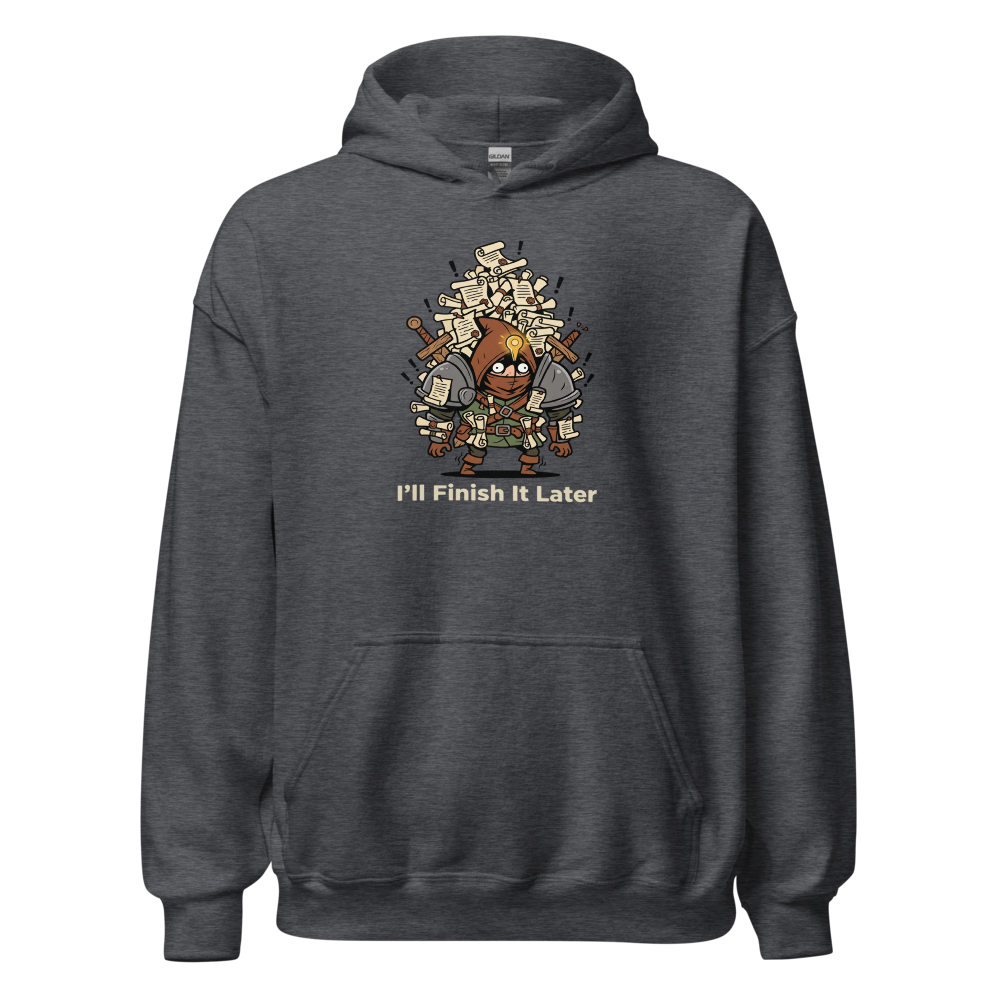 Side Quest Hoarder Retro RPG Gamer Tee — dark heather front view