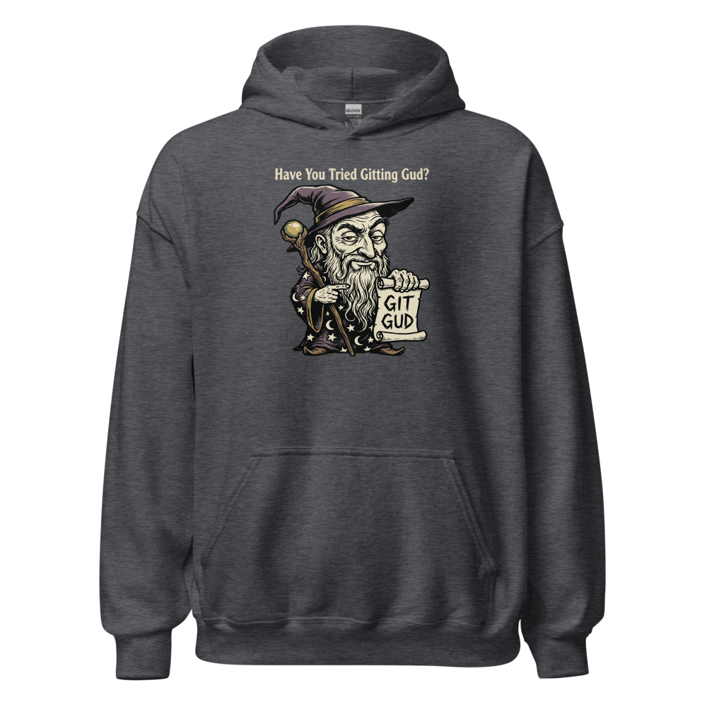 Git Gud Wizard Mentor Woodcut Gamer Meme Tee — dark heather front view