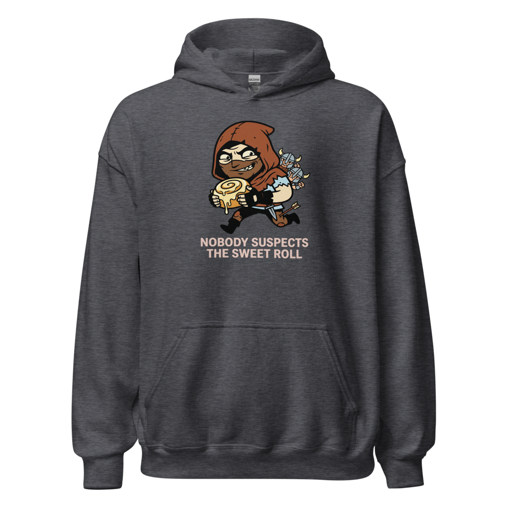 Nobody Suspects The Sweet Roll Retro RPG Thief Tee — dark heather front view