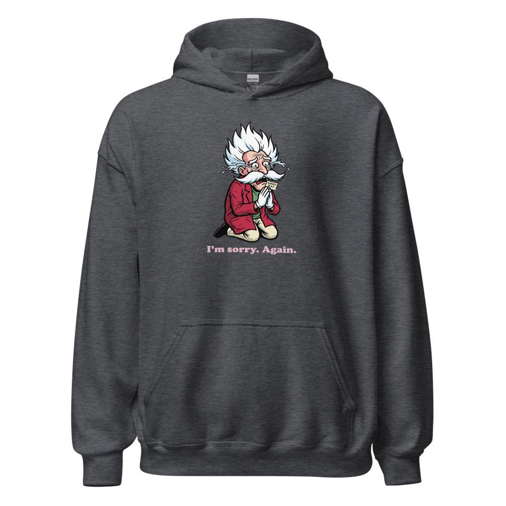 Mad Scientist Sorry Again Retro Boss Parody Tee — dark heather front view