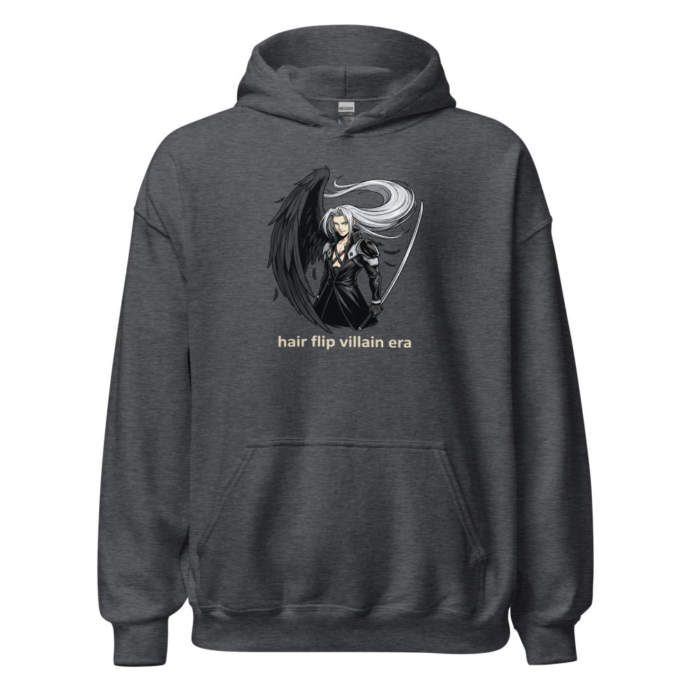 Hair Flip Villain Era Anime Swordsman Tee — dark heather front view
