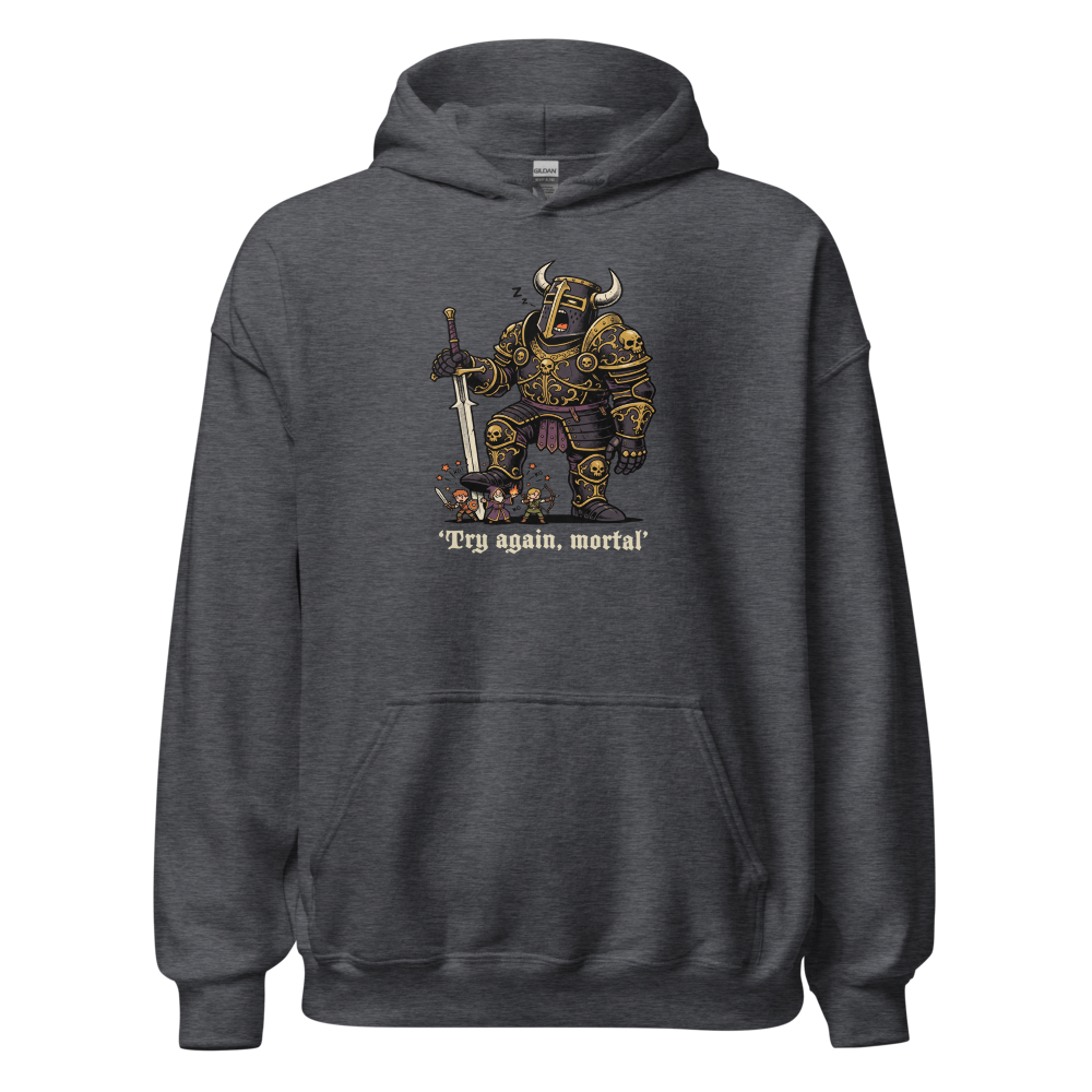 Try Again Mortal Optional Superboss RPG Tee — dark heather front view