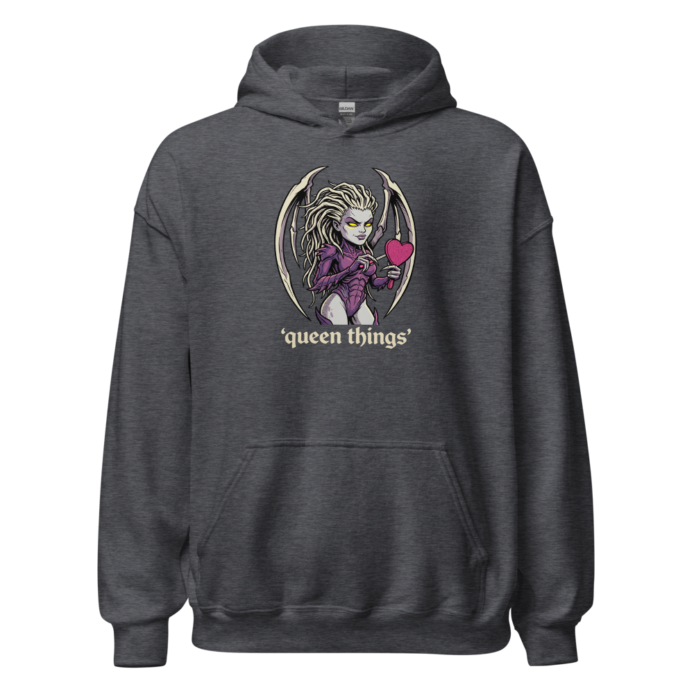 Queen Things Bone-Blade Vanity Boss Comic Ink Tee — dark heather front view