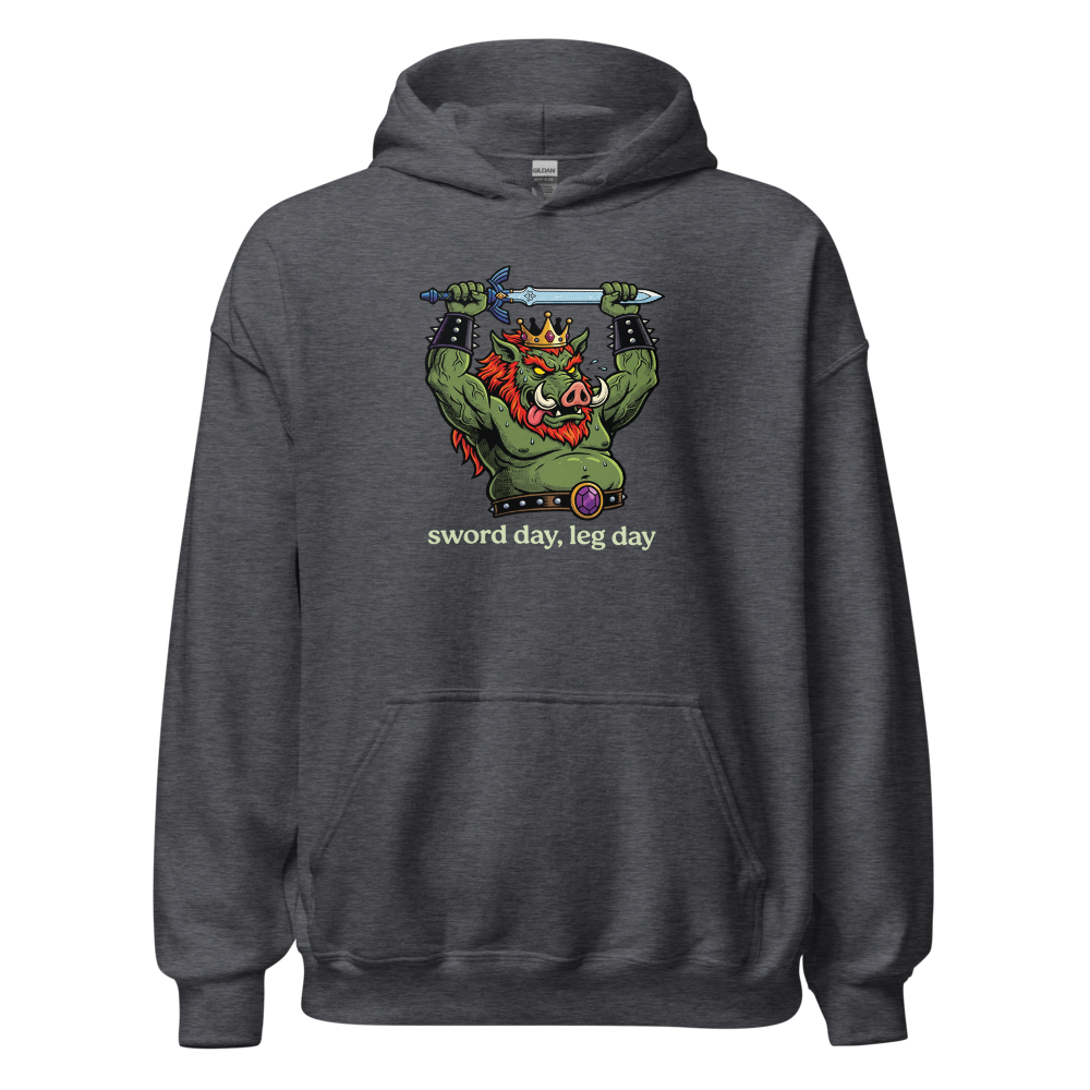 Sword Day Leg Day Boar King Boss Workout Tee — dark heather front view